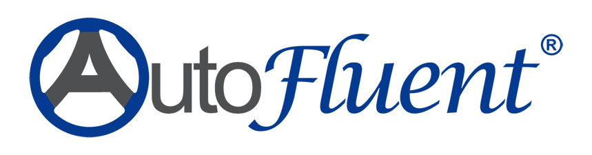 A blue and white logo for autofluent on a white background.