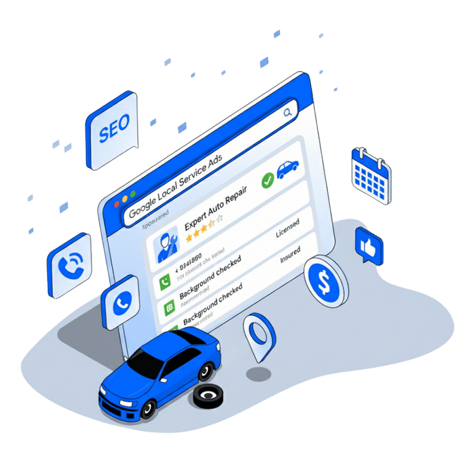 Google search ad for auto repair with map, phone, and CPC symbols for paid search marketing.