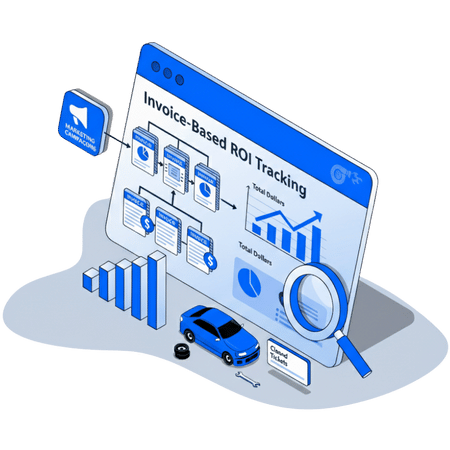 An isometric illustration of an auto shop email campaign.