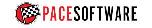 A logo for pace software with a checkered flag in the middle.