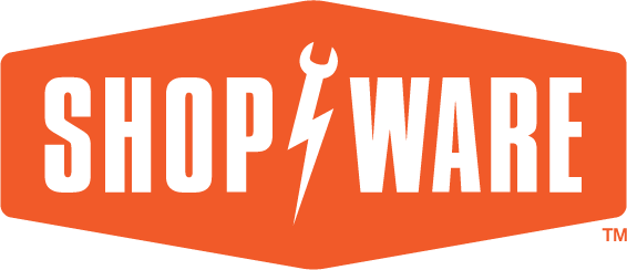 A logo for shop ware with a lightning bolt on it