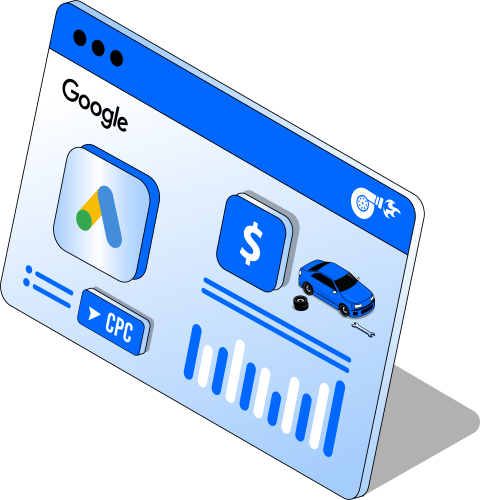 Google Ads dashboard with CPC, dollar icon, and auto shop elements, representing pay-per-click ad performance tracking.