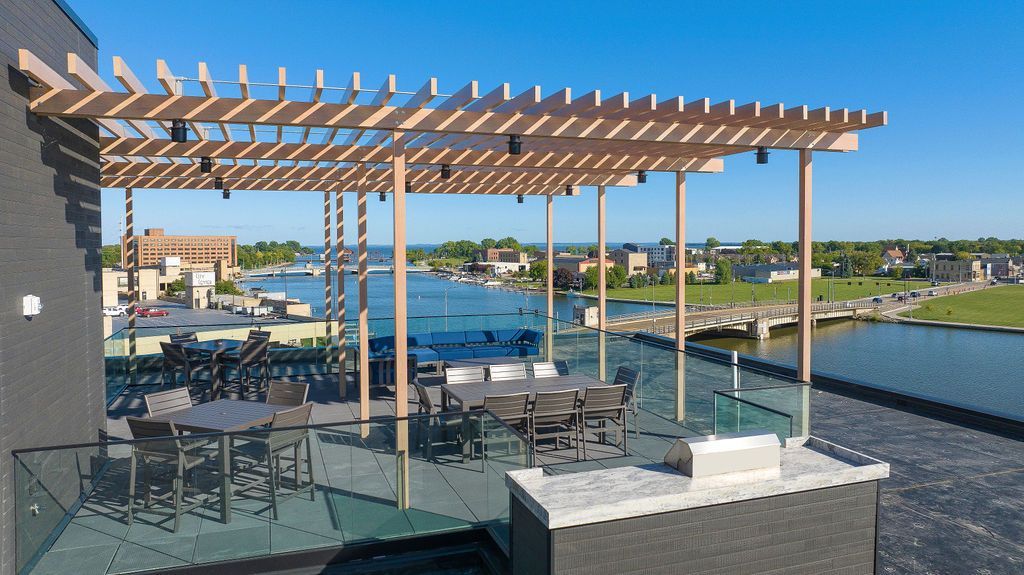 Luxury waterfront apartment rooftop patio Oshkosh