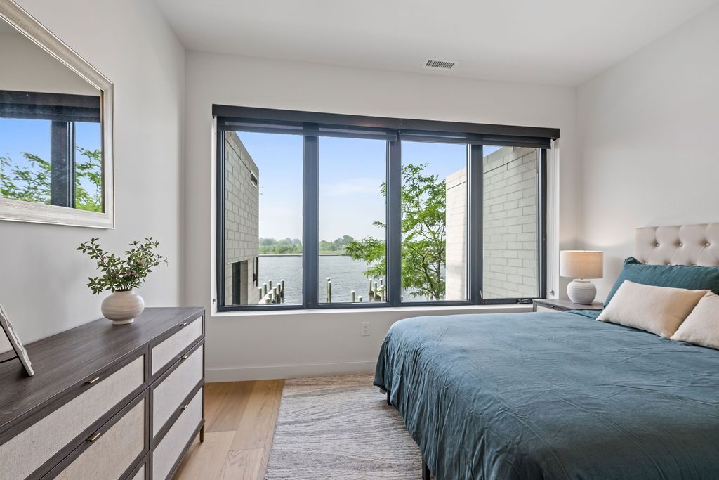 Luxury apartment bedroom with river view