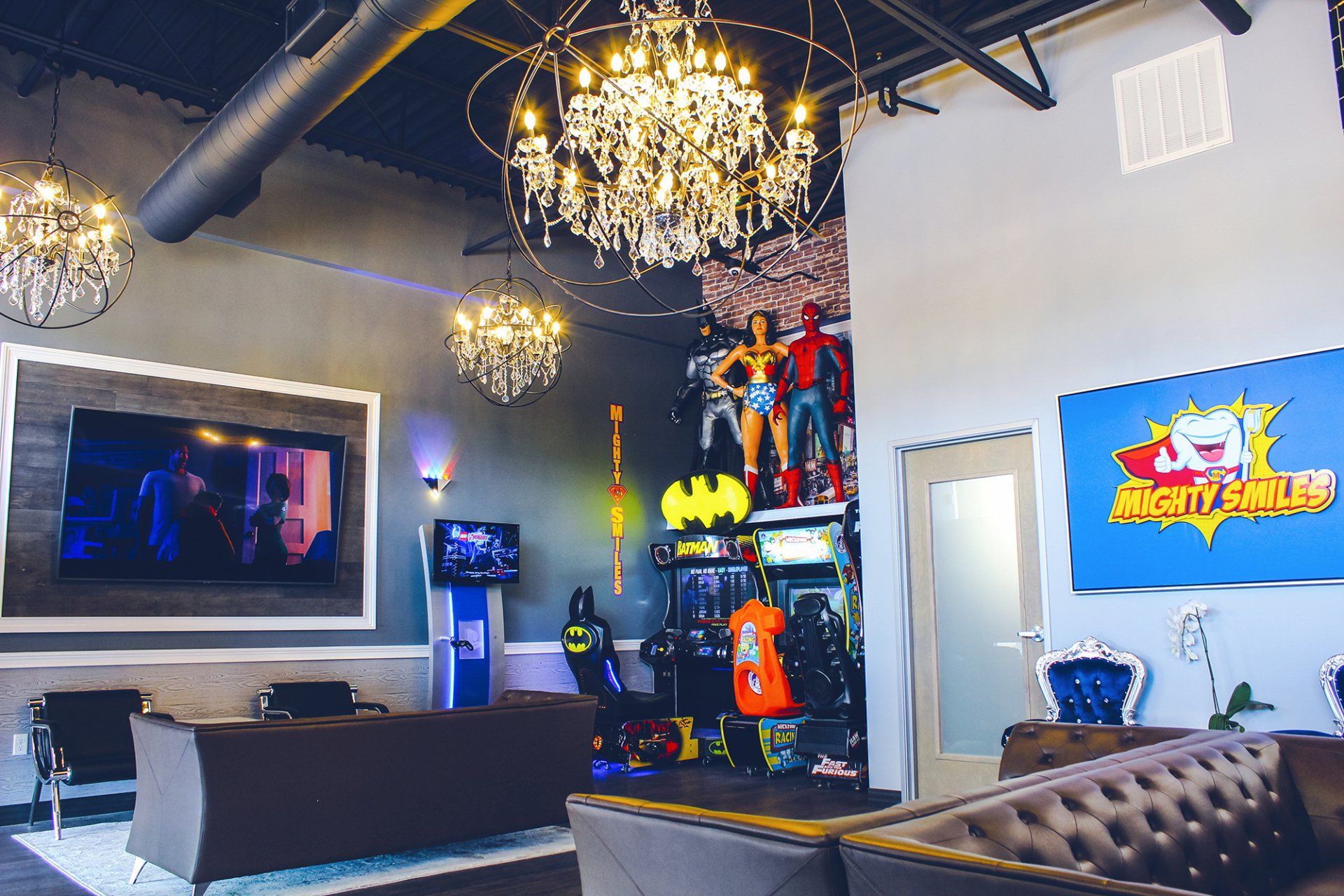 Mighty Smiles Dental, Dallas & Fort Worth. A living room with a chandelier and a sign that says superhero adventures