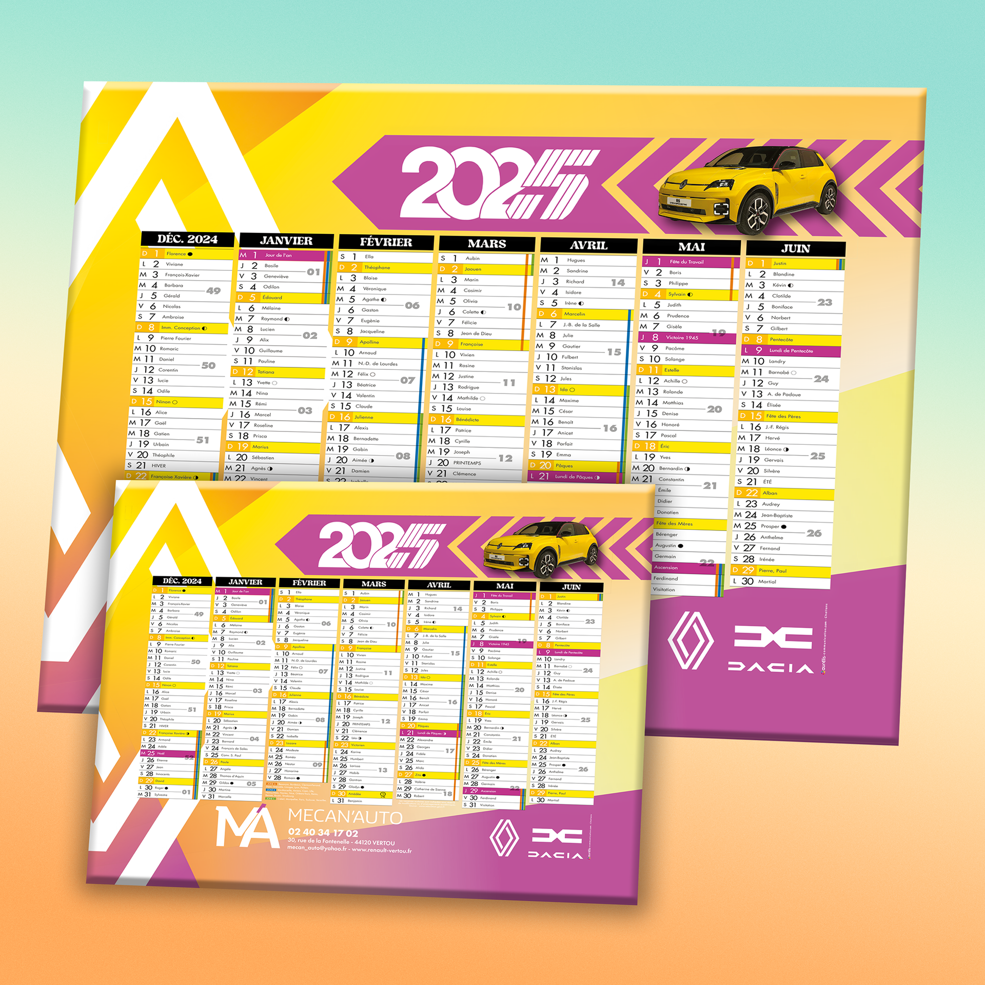 Deux calendriers 2025 mettant en scène une voiture jaune, de différentes tailles avec des motifs géométriques colorés.