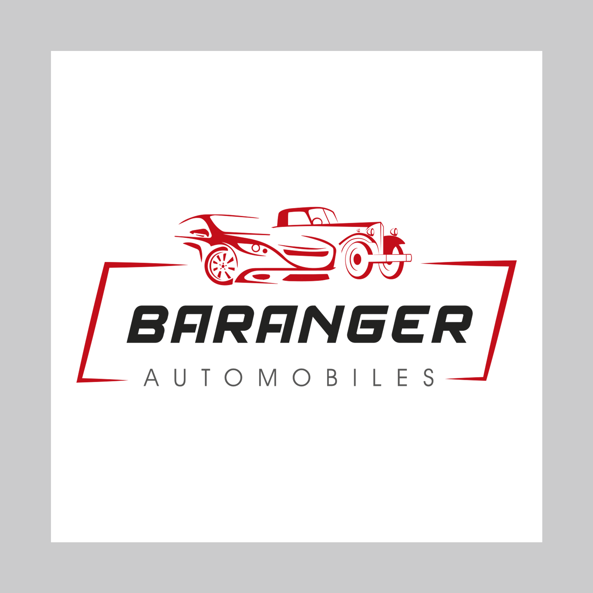 Logo pour Baranger Automobiles, montrant une voiture vintage stylisée et une voiture moderne, avec le nom