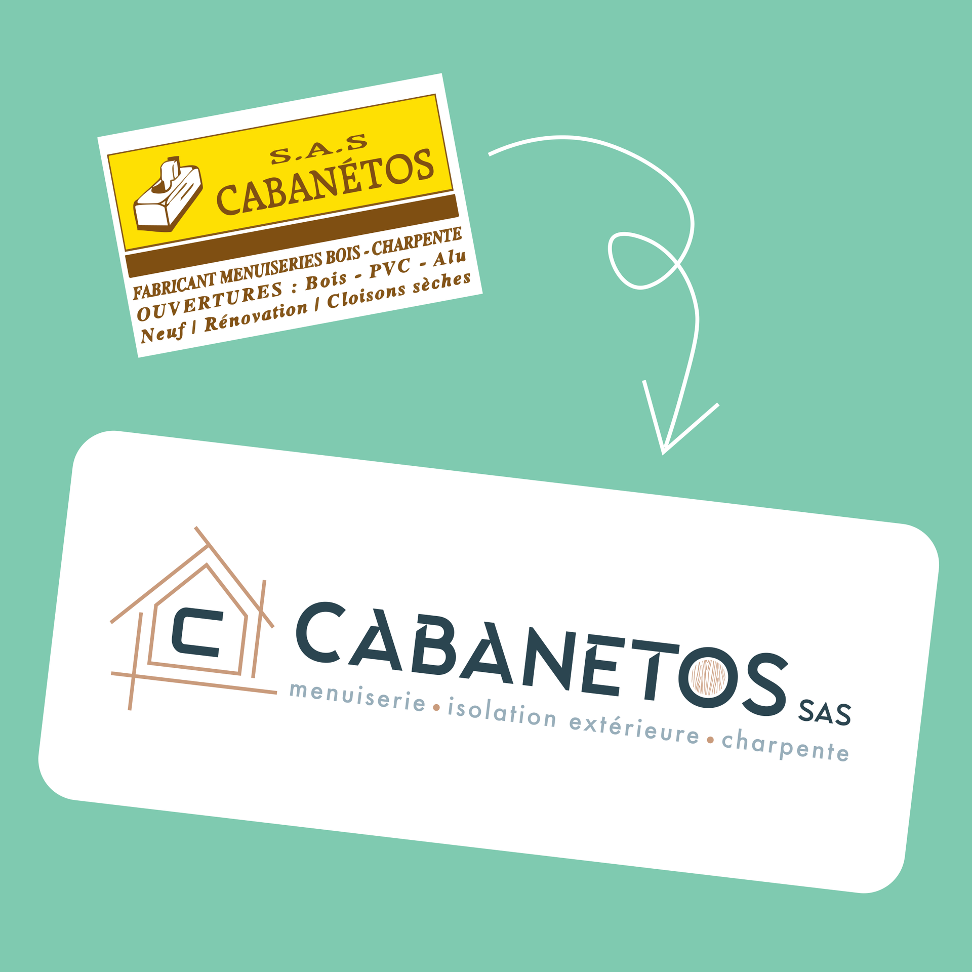 Comparaison de deux logos pour « Cabanetos ». L'ancien logo est jaune et rectangulaire, le nouveau est blanc