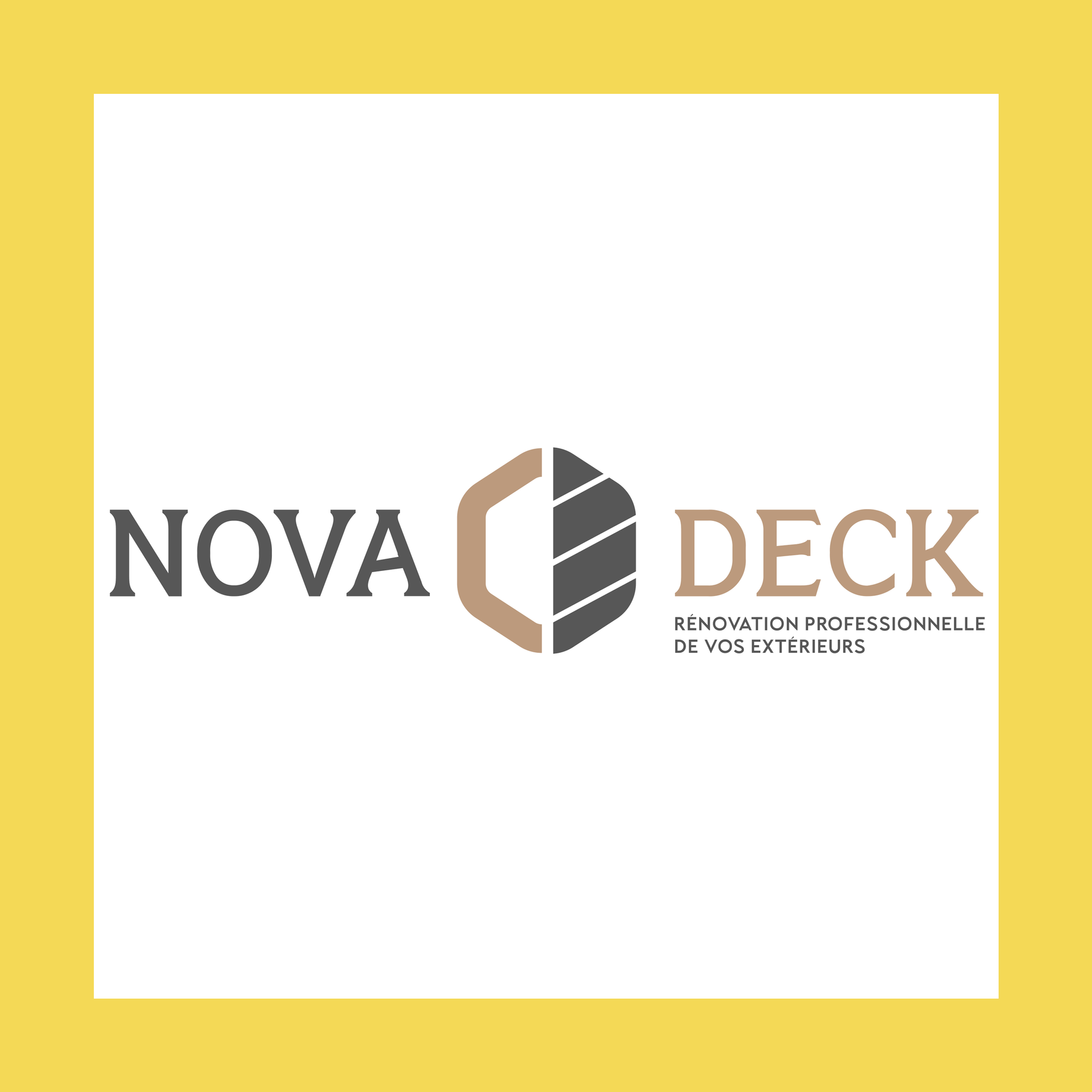 Logo pour Nova Deck : texte et forme géométrique dans un rectangle blanc sur fond jaune.