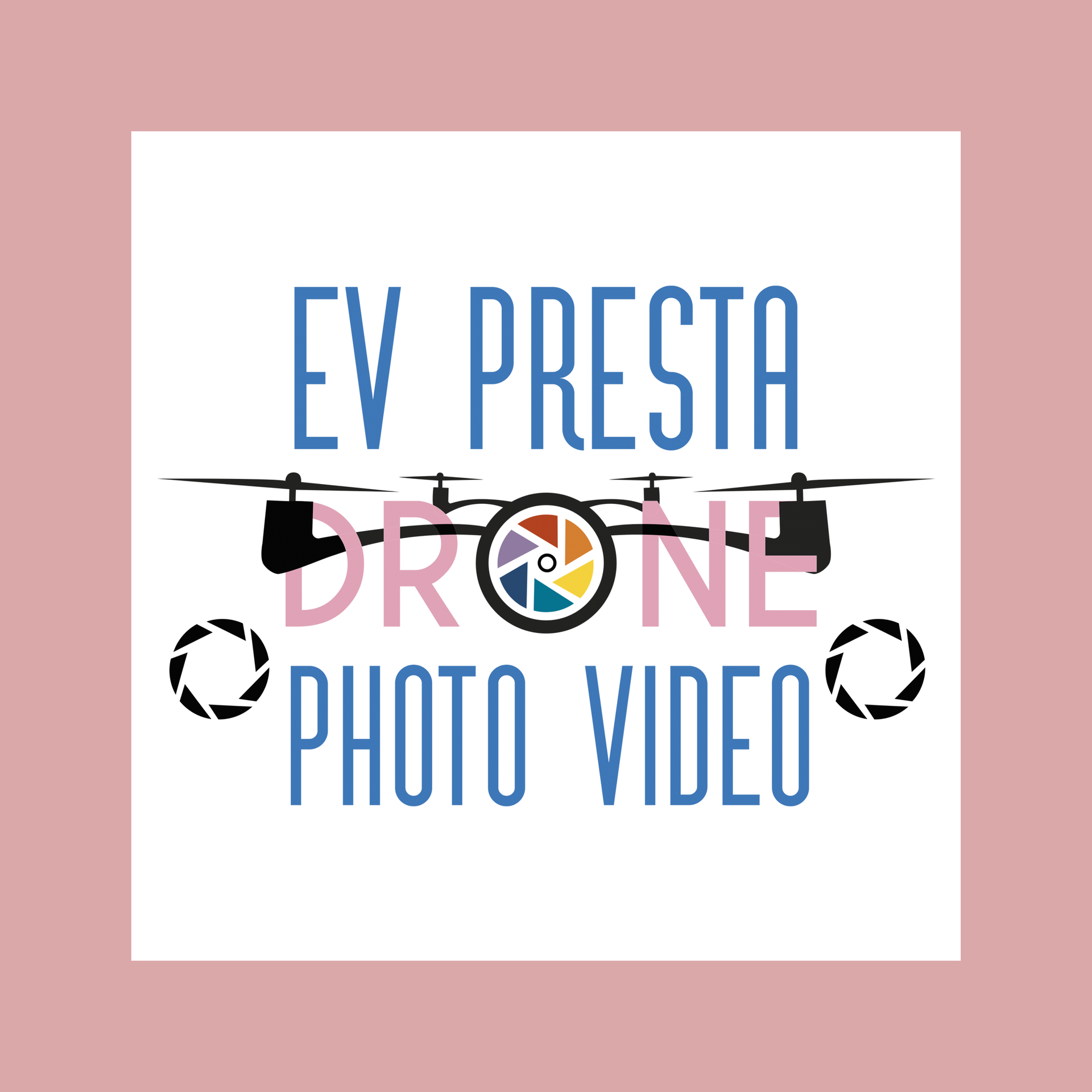 Logo pour « EV Presta Drone Photo Video » représentant une silhouette de drone et une icône d'objectif d'appareil photo