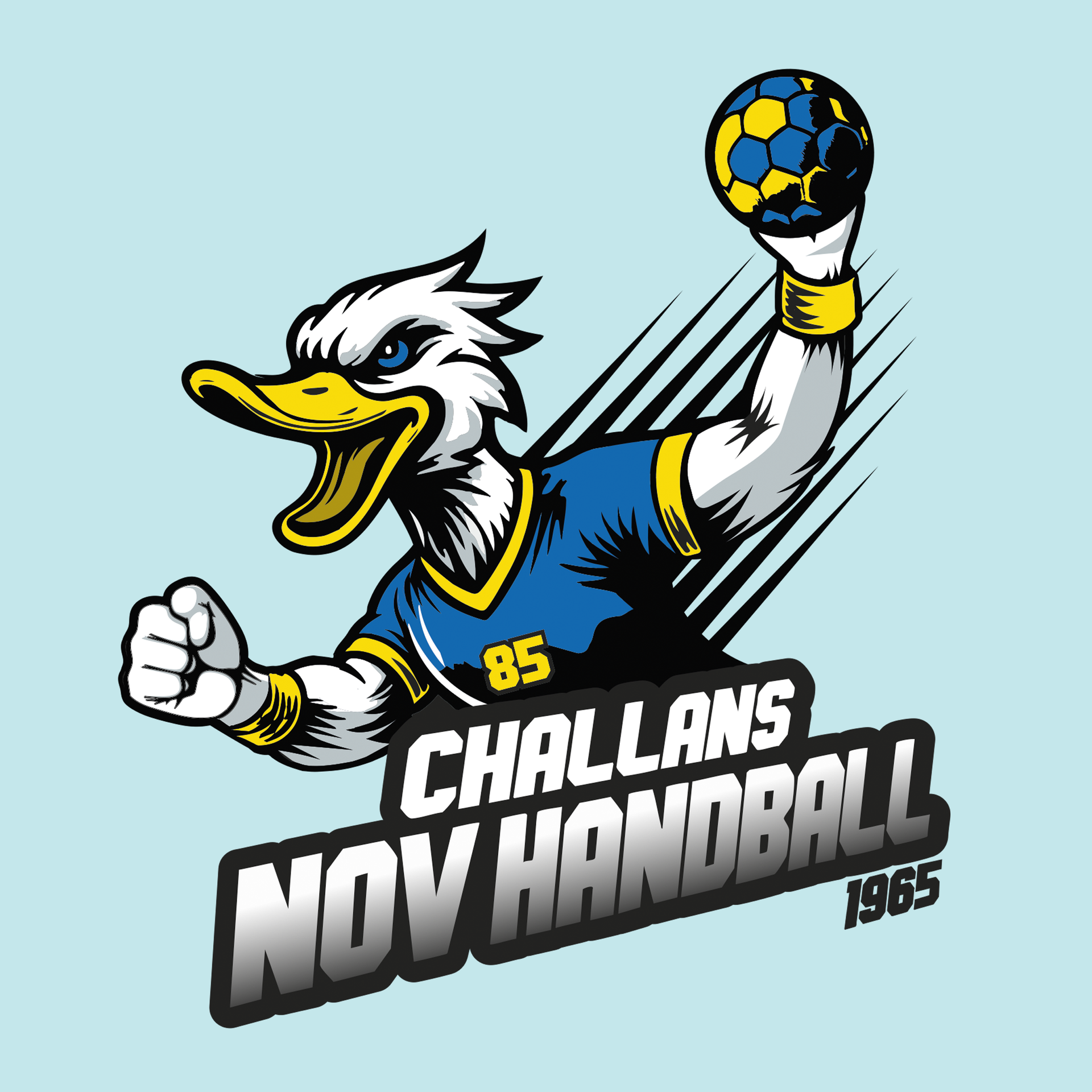 Un canard de dessin animé portant un maillot de handball et tenant un ballon. Texte : « Challans Nov Handball 1965 ».