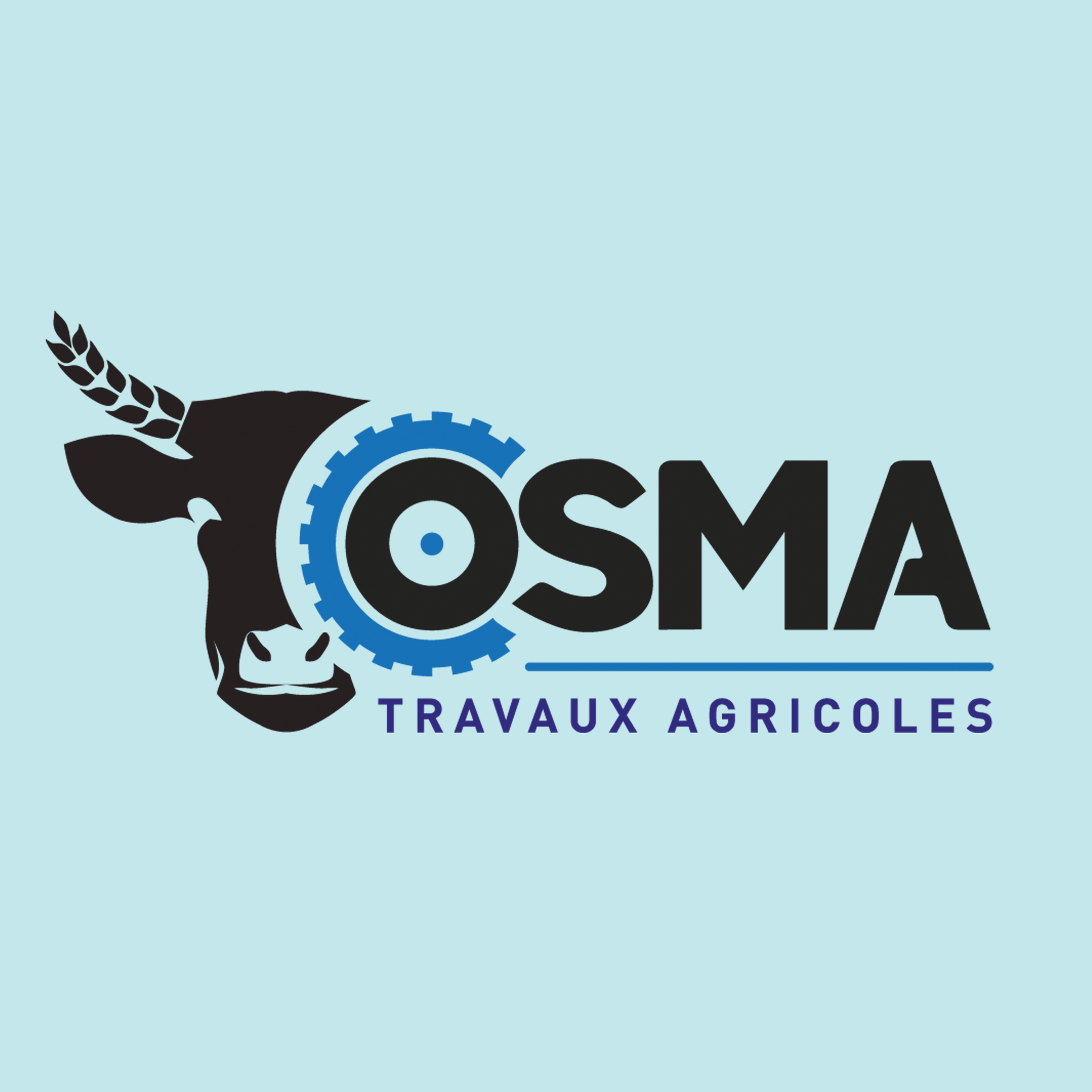 Logo pour OSMA, services agricoles, avec une tête de vache, une icône d'engrenage et du texte sur fond bleu.