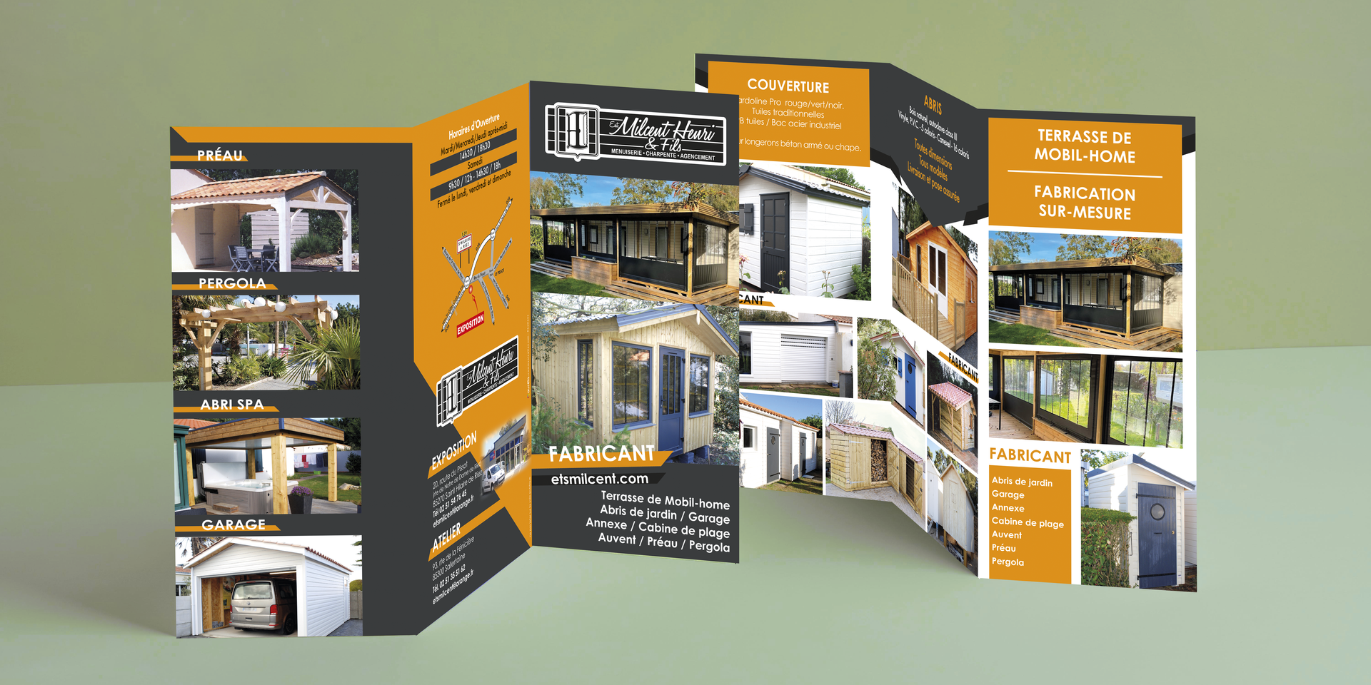 Brochure à trois volets, présentant des modèles de hangars et de garages, du texte et des couleurs noir, orange et blanc.