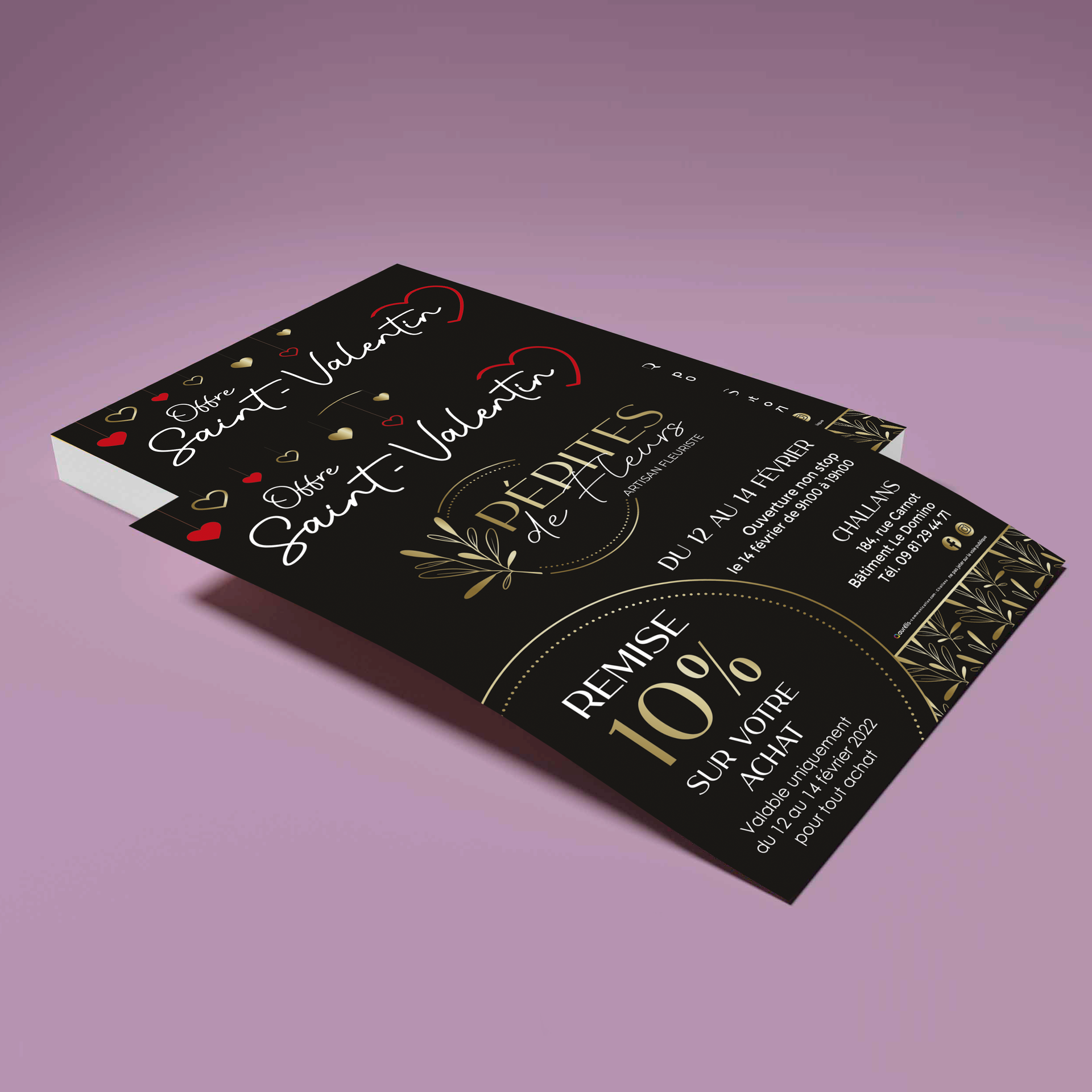 Prospectus noir et or avec les inscriptions « Saint-Valentin » et « Remise de 10 % ».
