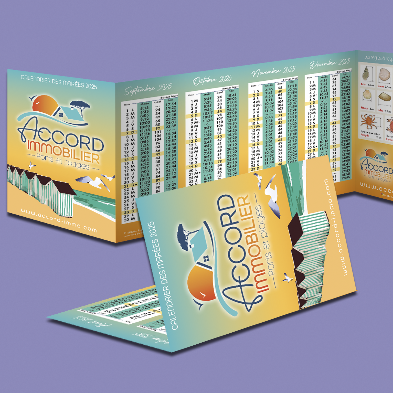 Calendrier accordéon pour Accord Immobilier. Comprend un logo, une illustration de plage