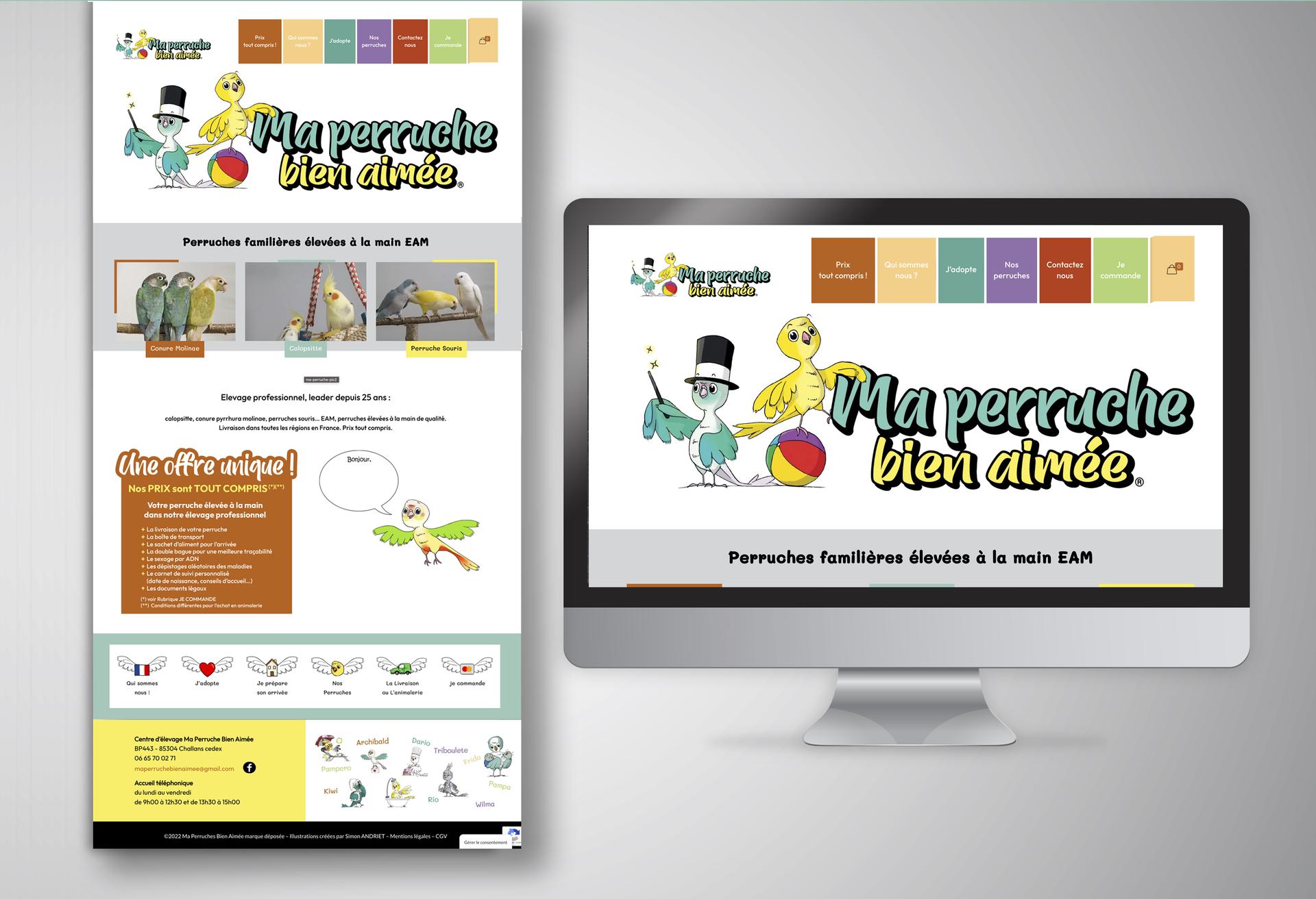 Une maquette de site Web sur un écran de bureau et un appareil mobile, avec un oiseau de dessin animé et un design coloré.