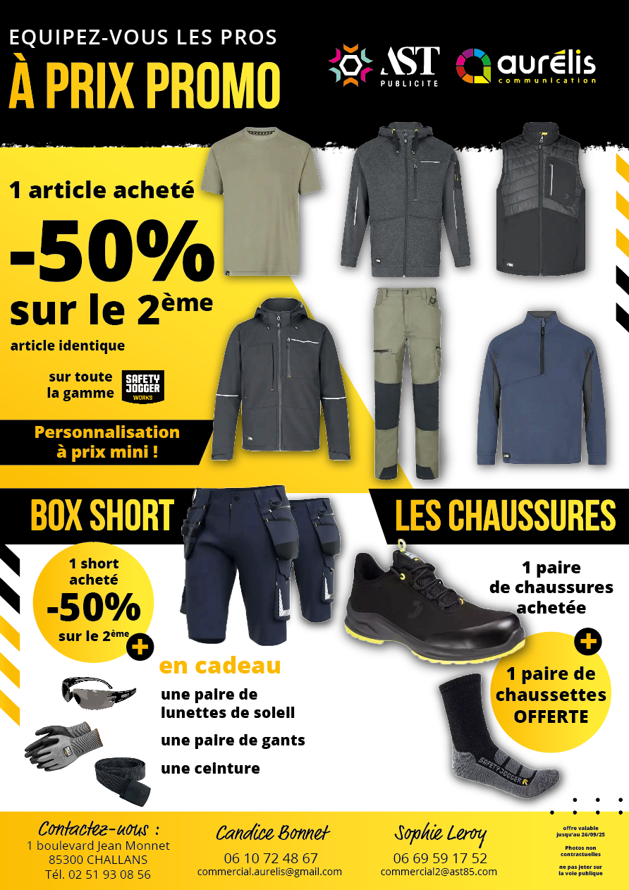Flyer promotionnel pour vêtements et chaussures de travail. Offres incluant réductions, cadeaux et personnalisation.