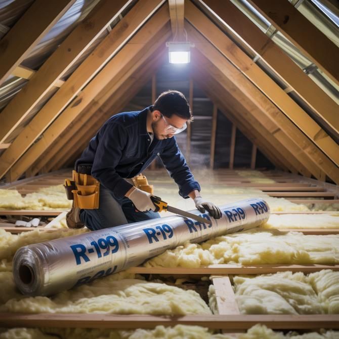 A construction worker is insulating the ceiling of a building under construction.