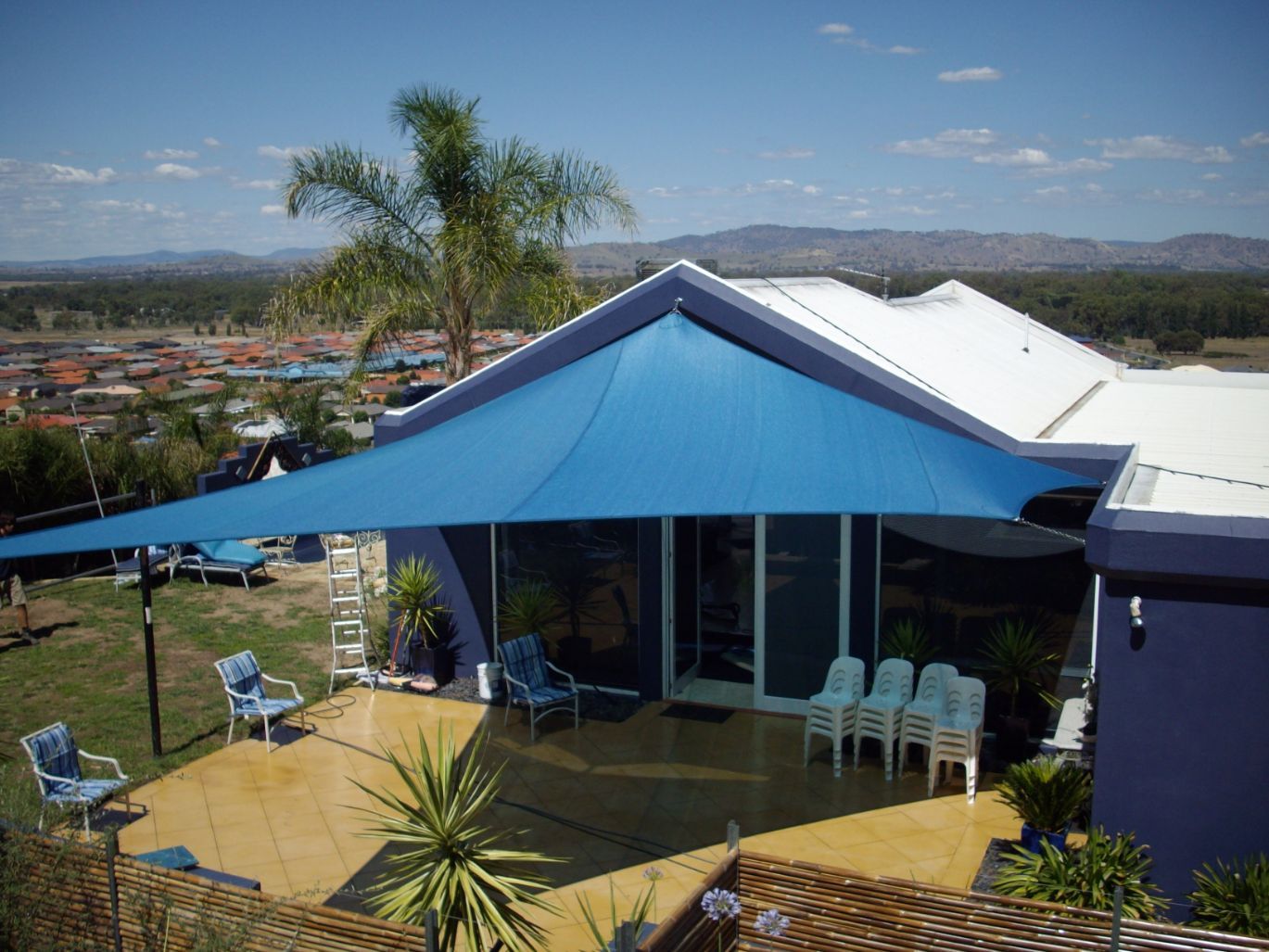 Blue Shade Sails At The Outdoor Area Of The Pizza — Custom Blinds in Wangaratta, NSW