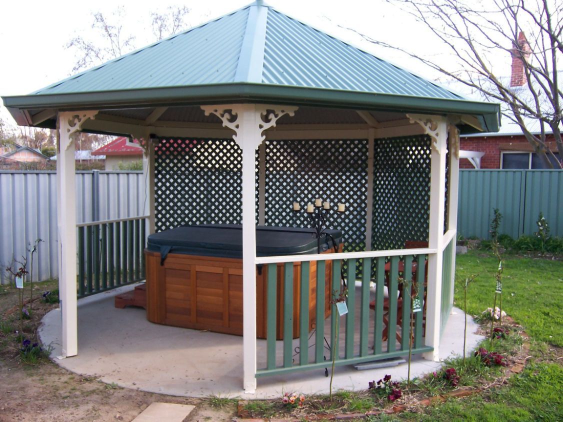 Green Gazebo With White Frame Structures — Custom Blinds in Bright, NSW