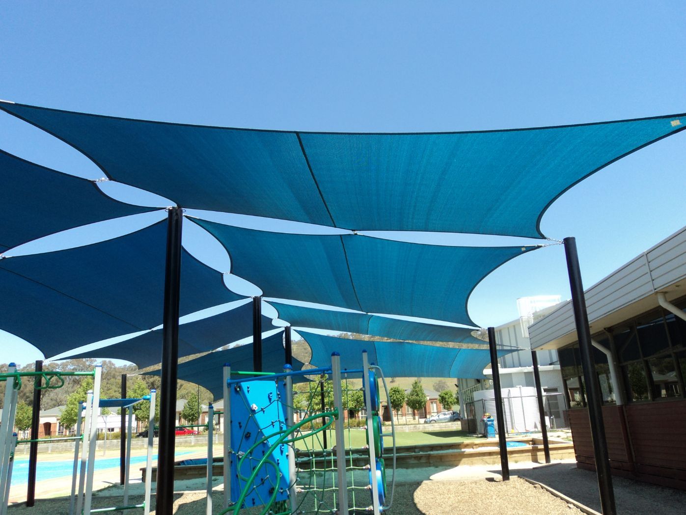 Blue Shade Sails At The Playground — Custom Blinds in Corowa, NSW