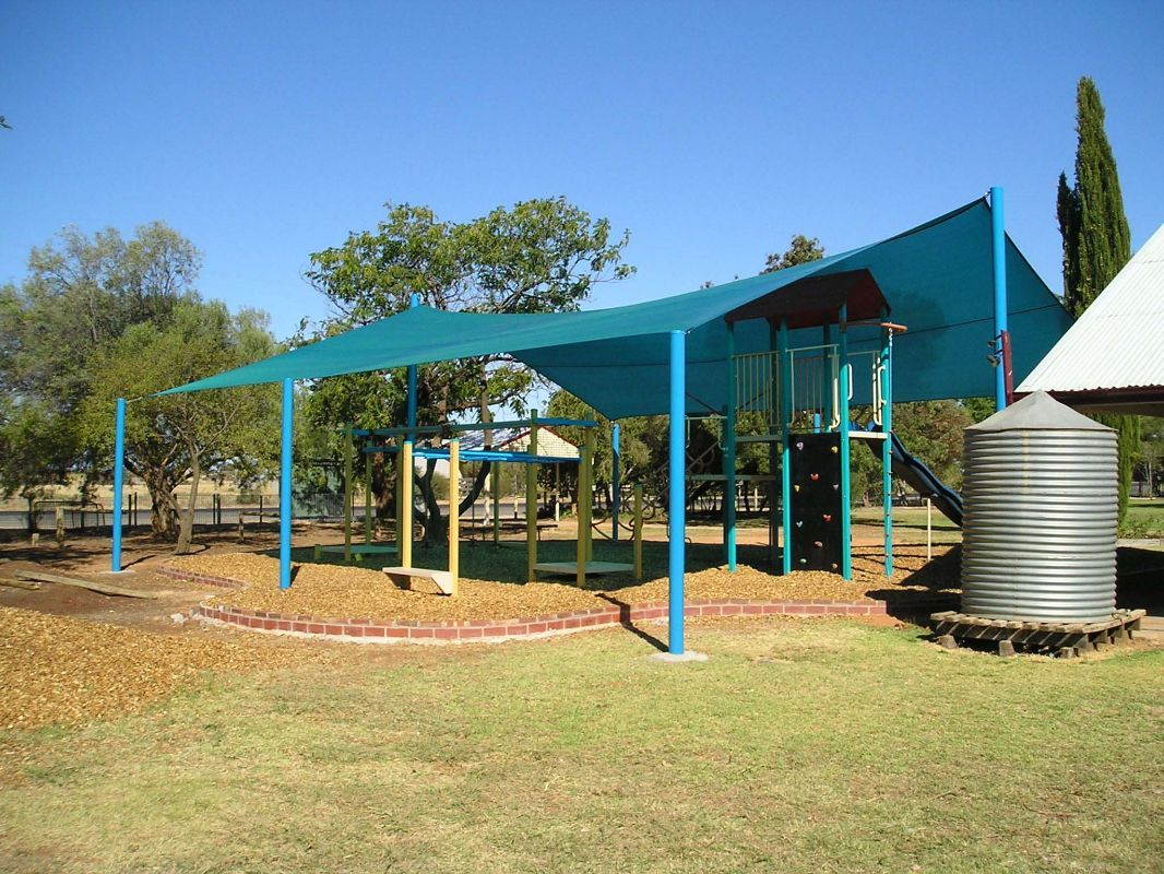 Blue Shade Sails With Blue Steel Frames On The Playground — Custom Blinds in Wangaratta, NSW