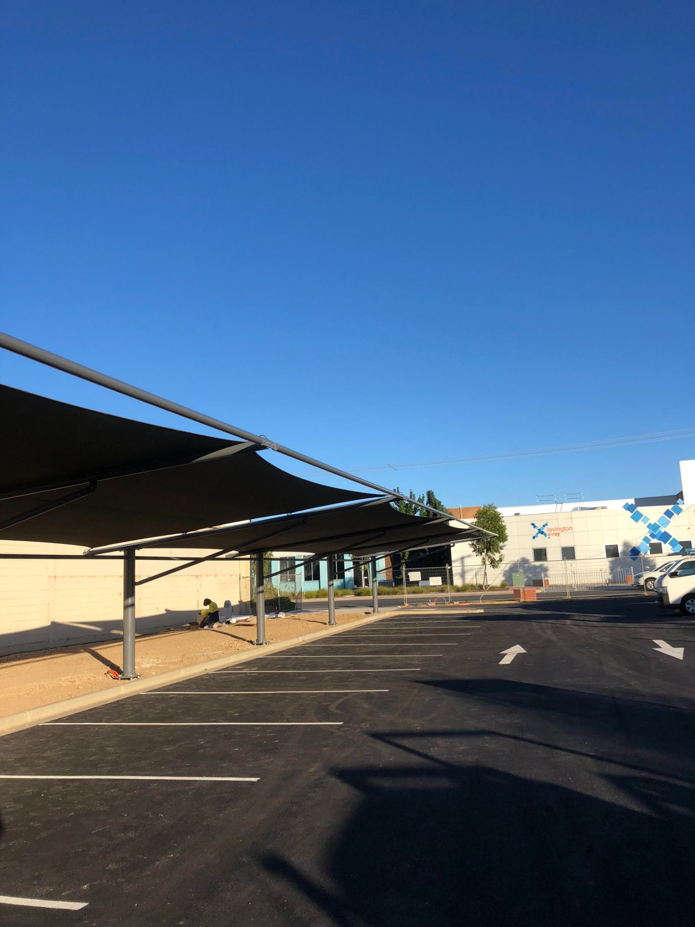 Black Cantilever Shade With Grey Steel Frames — Custom Blinds in Wodonga, NSW