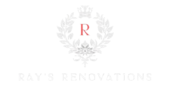 Logo: "Ray's Renovations" in white text. A central red "R" is within a white wreath topped with a crown.