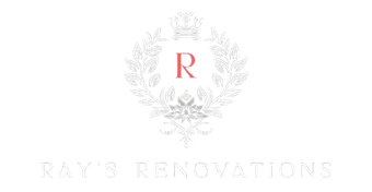 Logo: "Ray's Renovations" in white text. A central red "R" is within a white wreath topped with a crown.