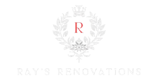 Logo: "Ray's Renovations" in white text. A central red "R" is within a white wreath topped with a crown.