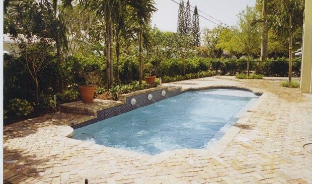 A large swimming pool surrounded by trees and bushes