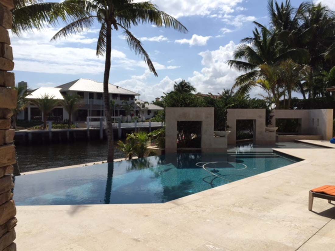 A large swimming pool with palm trees in the background