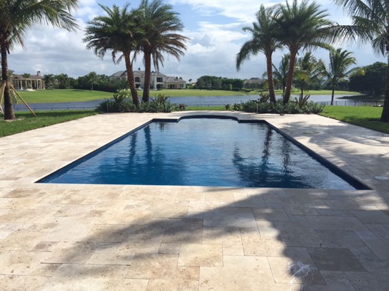 A large swimming pool with palm trees in the background
