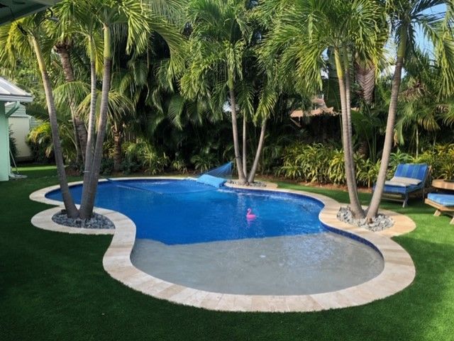 A large swimming pool surrounded by palm trees in a backyard.