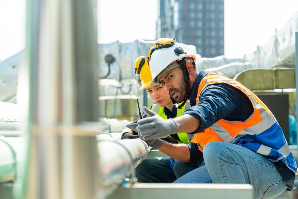 Two Construction Workers in Hard Hats and Vests Inspect Pipes on a Building Rooftop — Tincone Pty Ltd in Paget, QLD