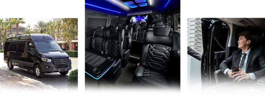 A man in a suit is sitting in the driver 's seat of a van.