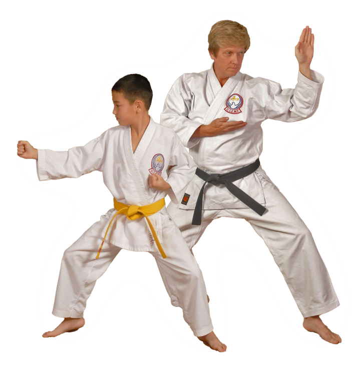 a man and a boy are practicing karate and the man has a black belt
