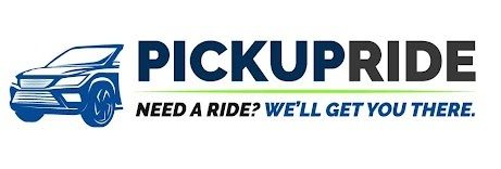 PickupRide logo with a blue car illustration, dark blue text, and green accent. 