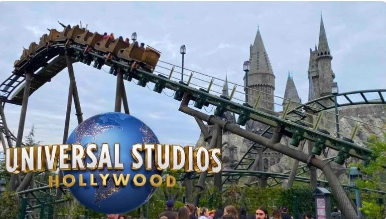 A rollercoaster in front of Hogwarts Castle at Universal Studios Hollywood.