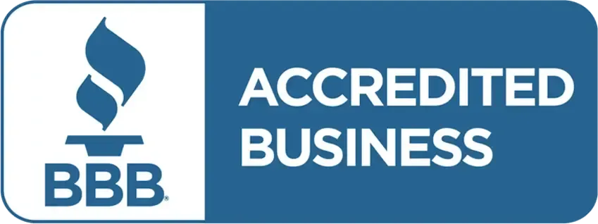 BBB Accredited Business logo. White text on blue background. Blue flame graphic on left.