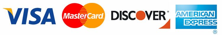 Logos for Visa, Mastercard, Discover, and American Express credit cards.