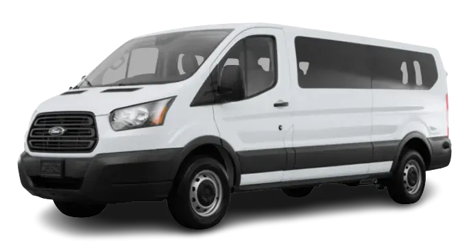 White Ford Transit passenger van.