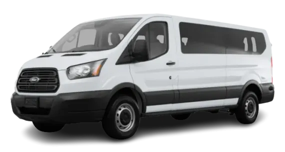 White Ford Transit passenger van.