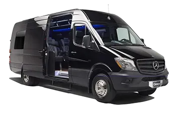 Black Mercedes Sprinter van with open side door, interior lights visible.