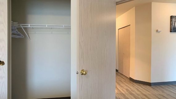 A hallway with a closet and a picture on the wall.