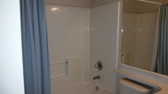 A bathroom with a tub , toilet , mirror and shower curtain.