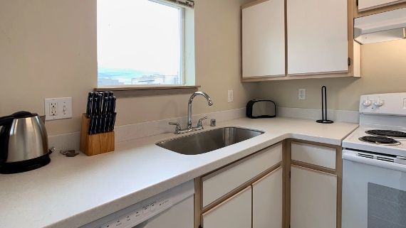 A kitchen with a sink , stove , dishwasher , and window.