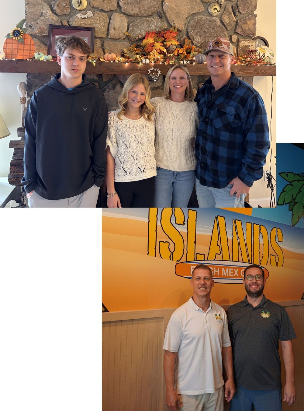 Family portrait with fireplace background; two men at 
