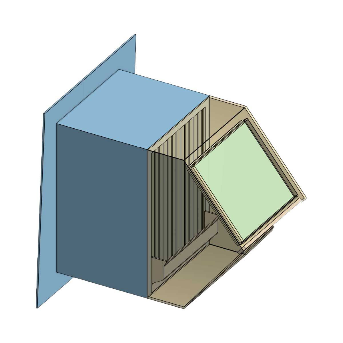 3D drawing of the side view of the grille and air box before the fan is mounted.