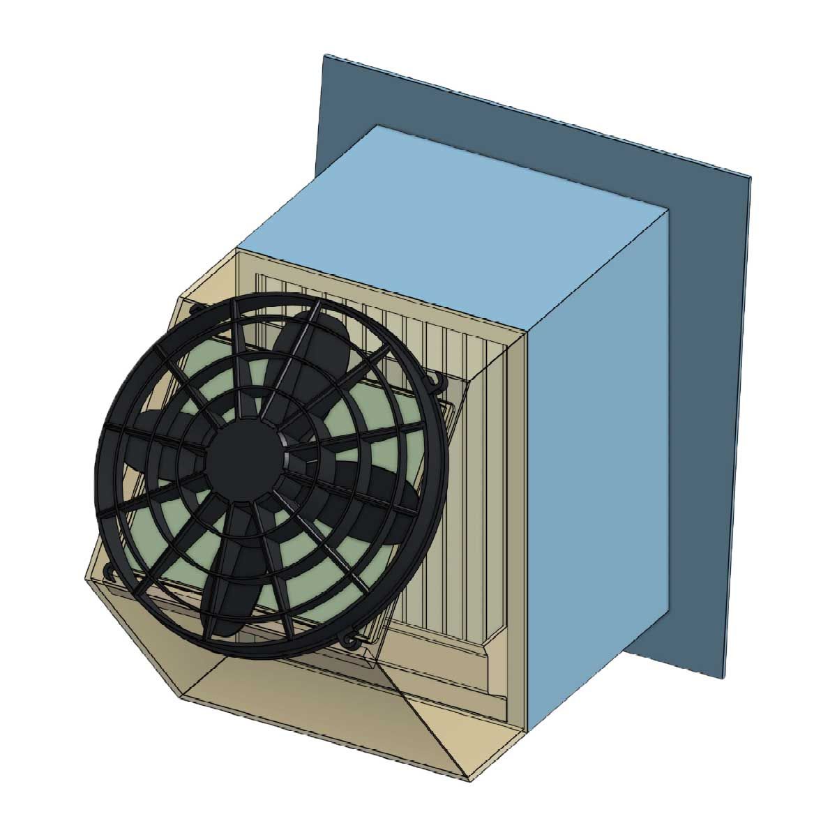 3D drawing of the grille. flange and compact fan mounted on the box on the rear of the grille.
